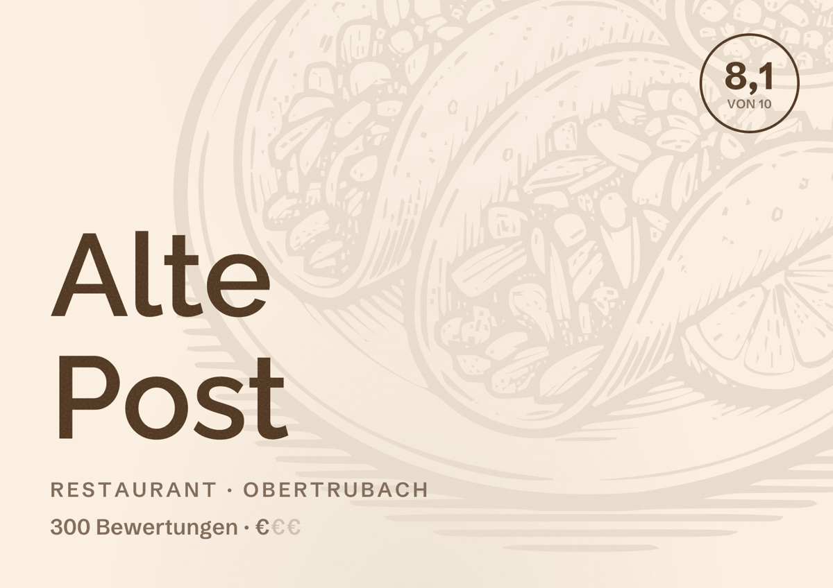 Illustriertes Poster von Alte Post, Restaurant in Obertrubach: Bewertung 8,1 von 10 aus 300 Bewertungen, Preisniveau €