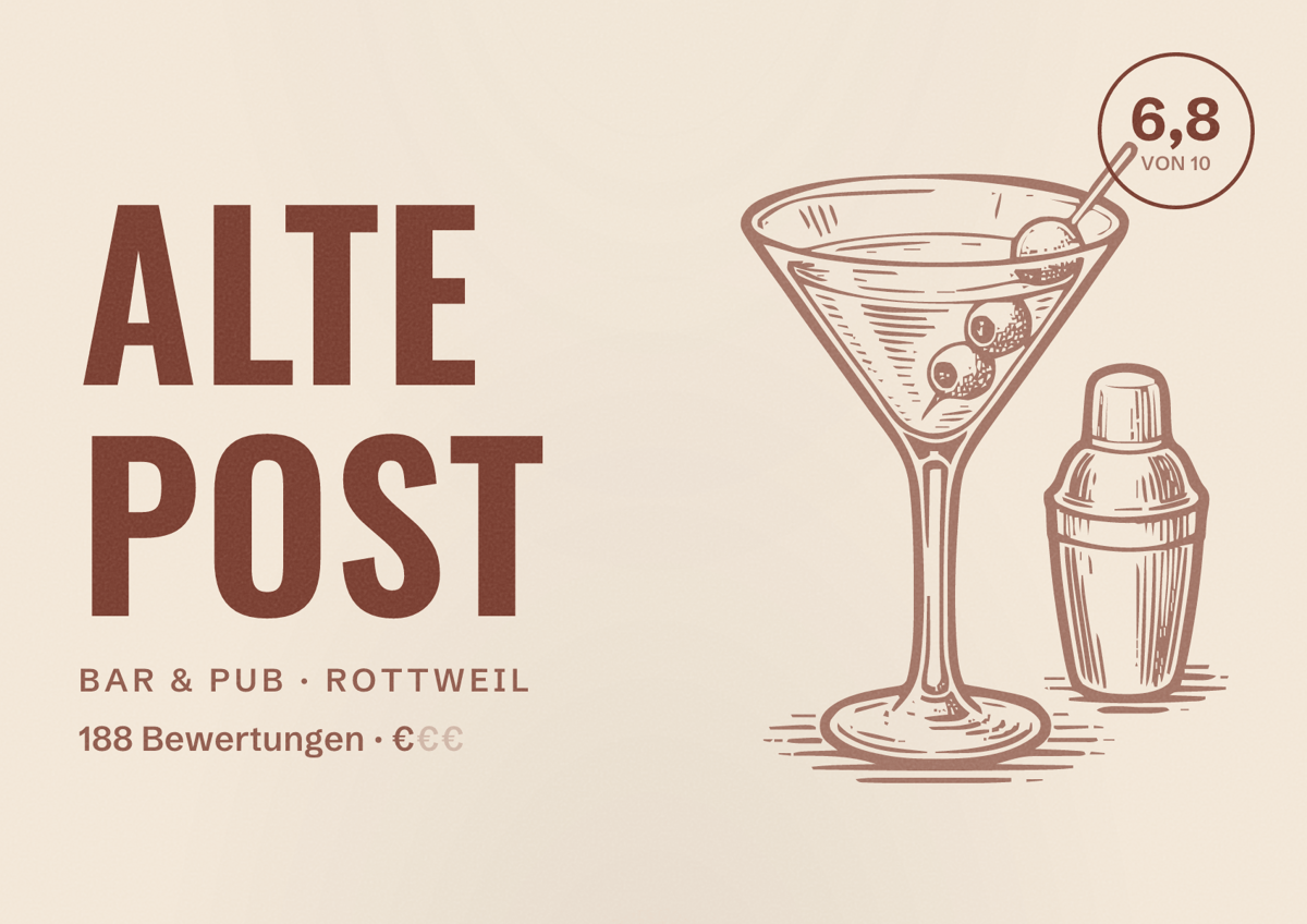 Illustriertes Poster von Alte Post, Bar & Pub in Rottweil: Bewertung 6,8 von 10 aus 188 Bewertungen, Preisniveau €
