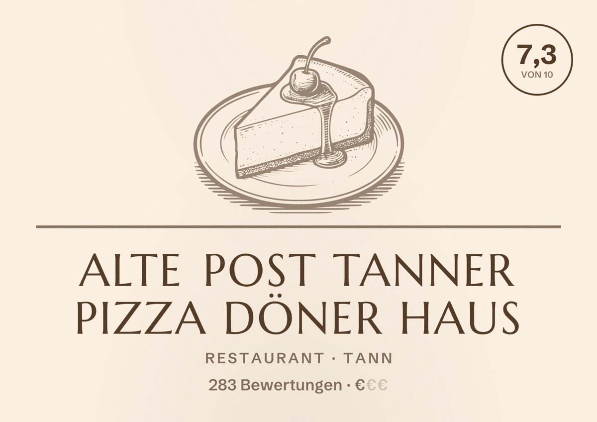 Illustriertes Poster von Alte Post Tanner Pizza Döner Haus, Restaurant in Tann: Bewertung 7,3 von 10 aus 283 Bewertungen, Preisniveau €