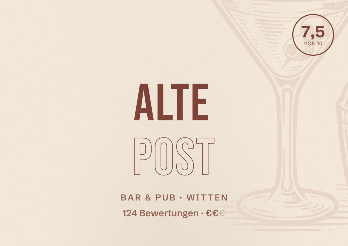Illustriertes Poster von Alte Post, Bar & Pub in Witten: Bewertung 7,5 von 10 aus 124 Bewertungen, Preisniveau €€