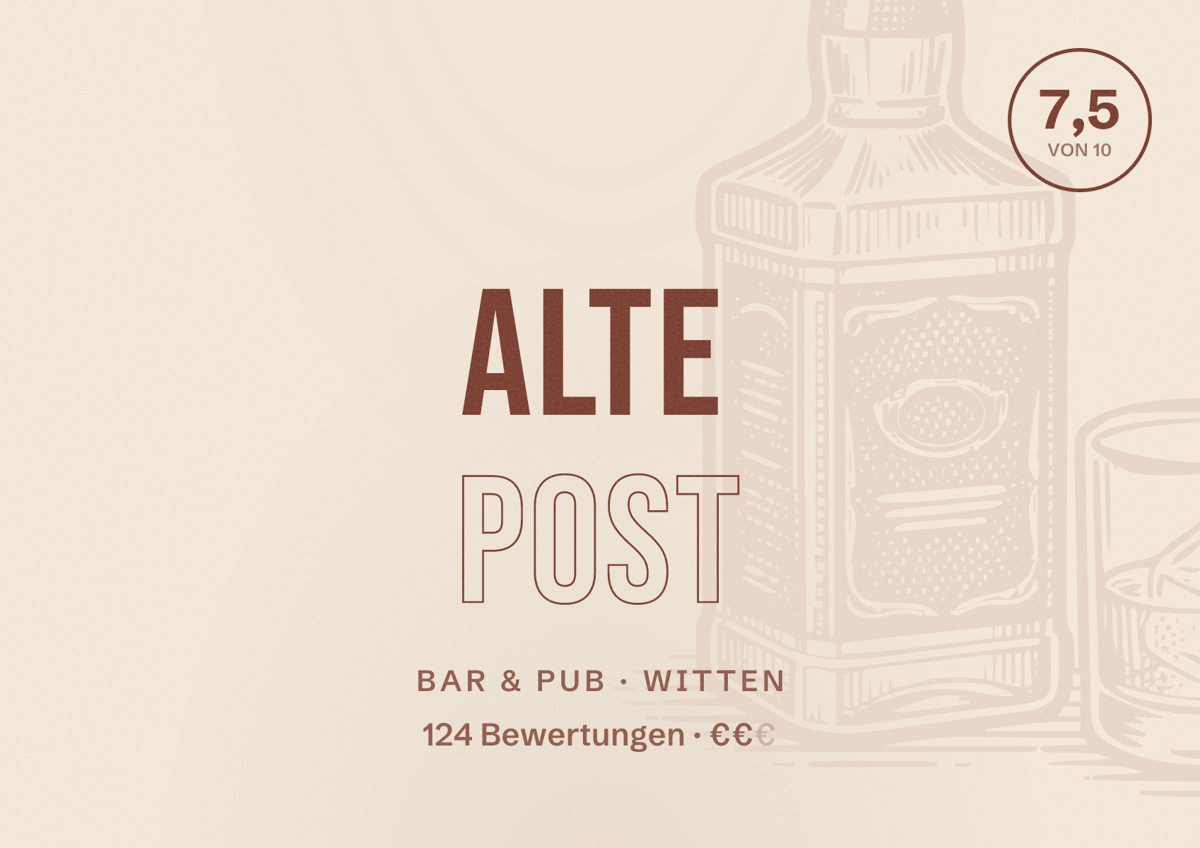 Illustriertes Poster von Alte Post, Bar & Pub in Witten: Bewertung 7,5 von 10 aus 124 Bewertungen, Preisniveau €€