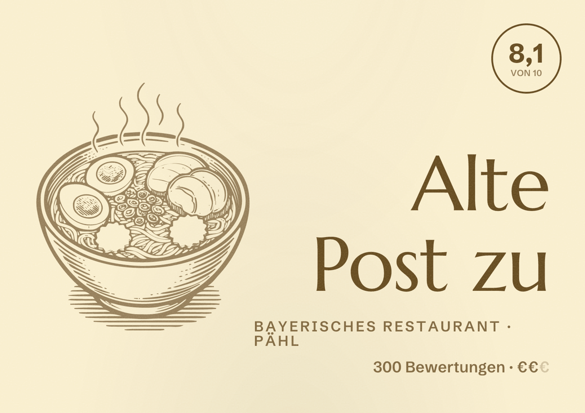 Illustriertes Poster von Alte Post zu, Bayerisches Restaurant in Pähl: Bewertung 8,1 von 10 aus 300 Bewertungen, Preisniveau €€