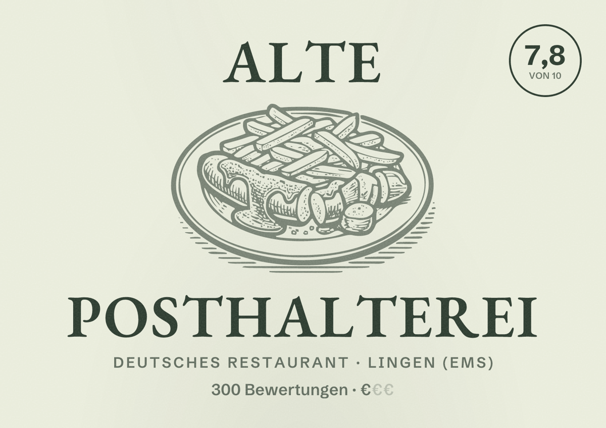 Illustriertes Poster von Alte Posthalterei, Deutsches Restaurant in Lingen (Ems): Bewertung 7,8 von 10 aus 300 Bewertungen, Preisniveau €