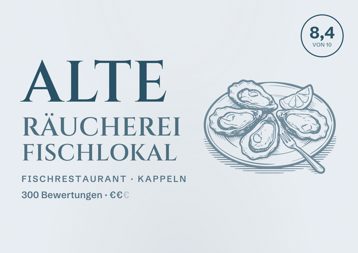 Illustriertes Poster von Alte Räucherei Fischlokal, Fischrestaurant in Kappeln: Bewertung 8,4 von 10 aus 300 Bewertungen, Preisniveau €€