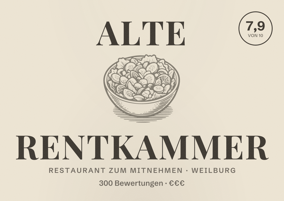 Illustriertes Poster von Alte Rentkammer, Restaurant zum Mitnehmen in Weilburg: Bewertung 7,9 von 10 aus 300 Bewertungen, Preisniveau €€€