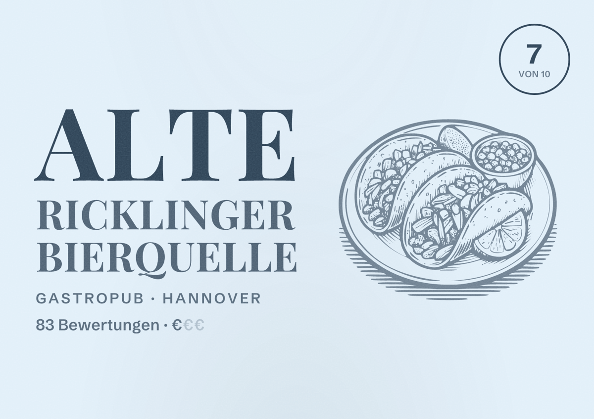 Illustriertes Poster von Alte Ricklinger Bierquelle, Gastropub in Hannover: Bewertung 7 von 10 aus 83 Bewertungen, Preisniveau €