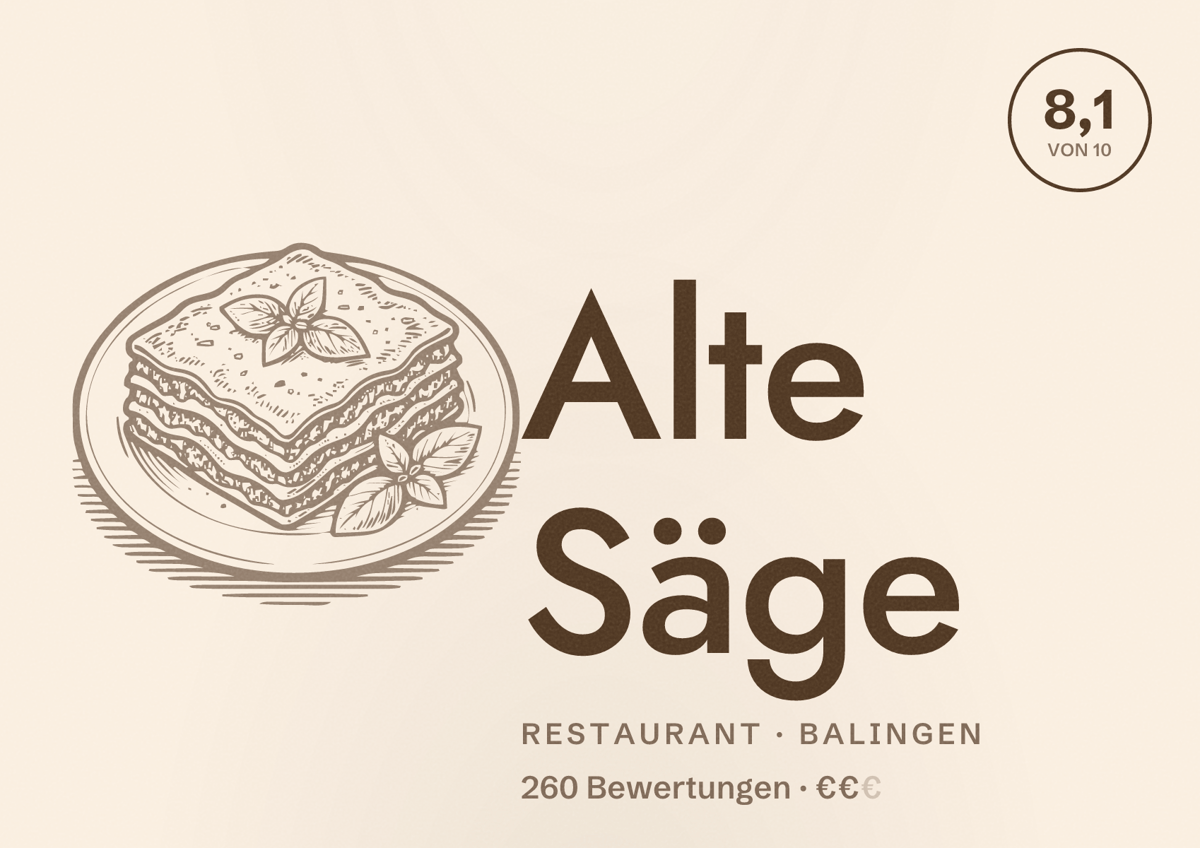 Illustriertes Poster von Alte Säge, Restaurant in Balingen: Bewertung 8,1 von 10 aus 260 Bewertungen, Preisniveau €€