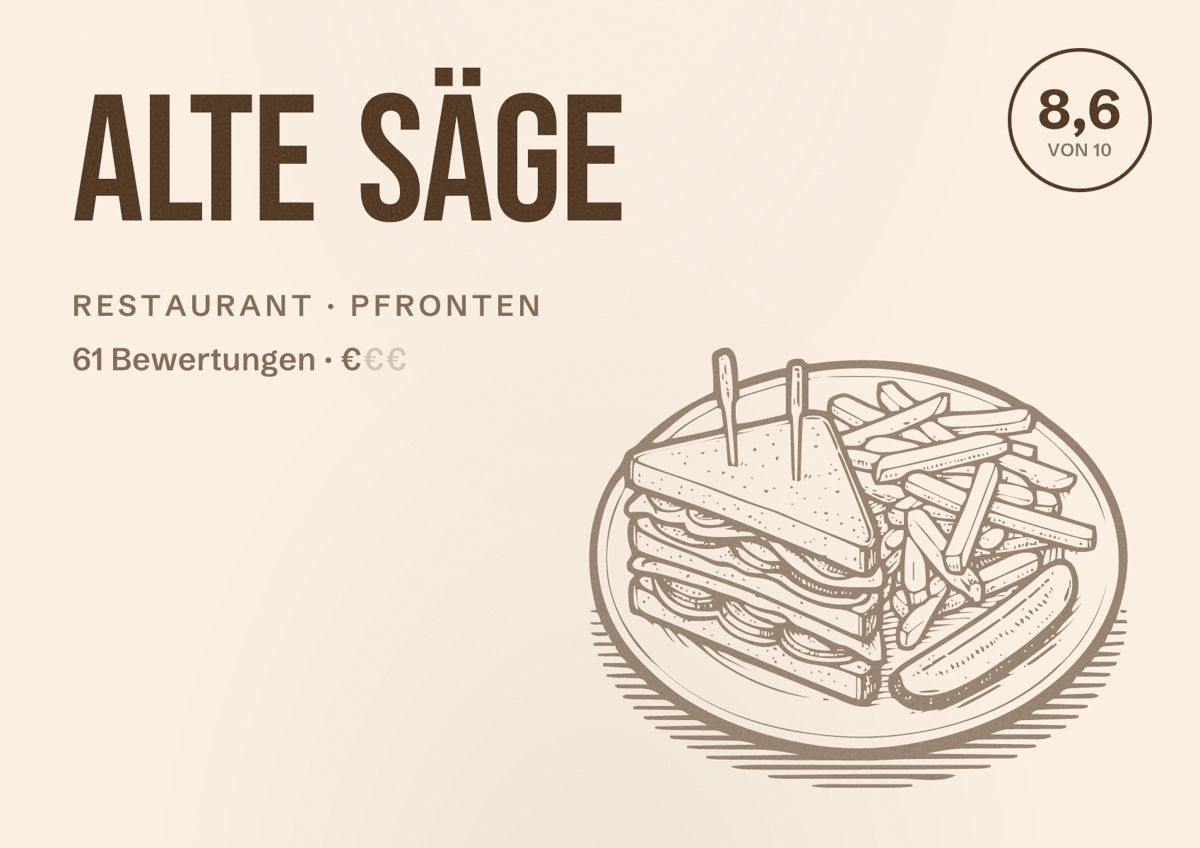 Illustriertes Poster von Alte Säge, Restaurant in Pfronten: Bewertung 8,6 von 10 aus 61 Bewertungen, Preisniveau €