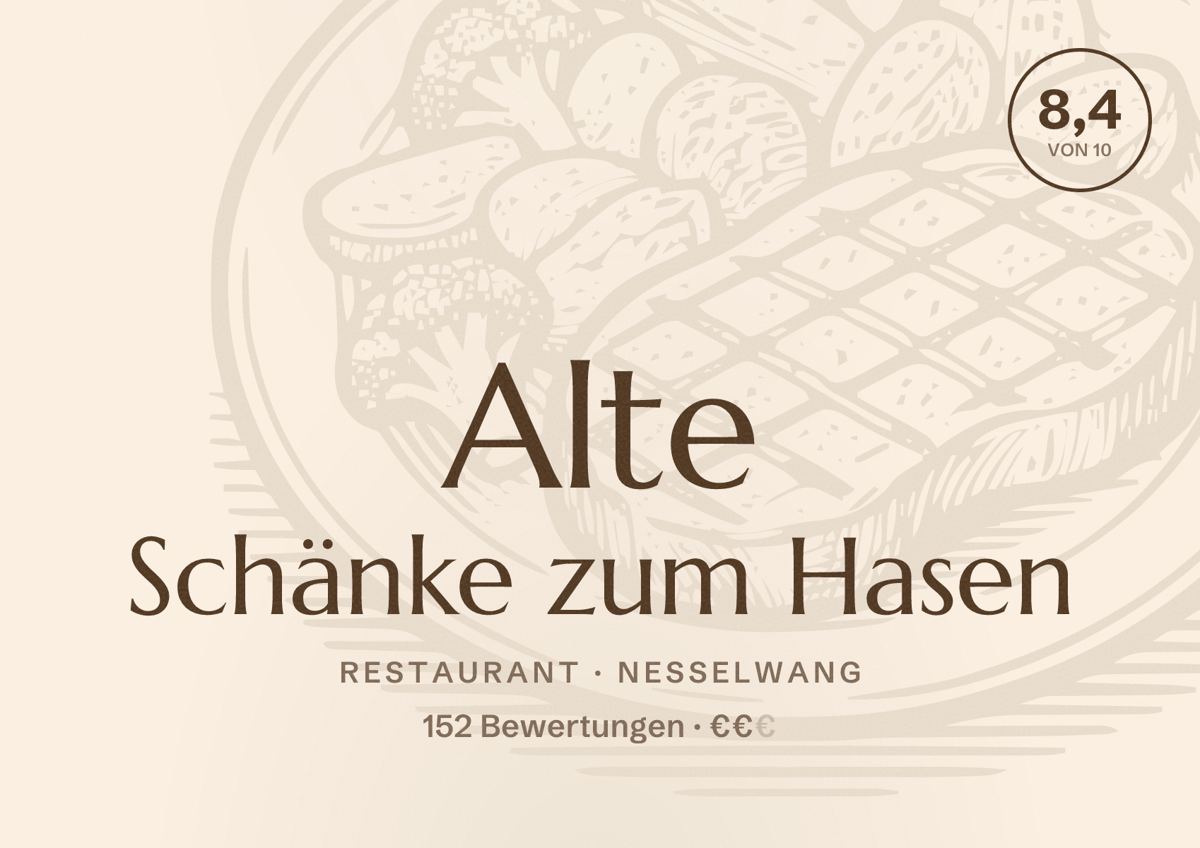Illustriertes Poster von Alte Schänke zum Hasen, Restaurant in Nesselwang: Bewertung 8,4 von 10 aus 152 Bewertungen, Preisniveau €€