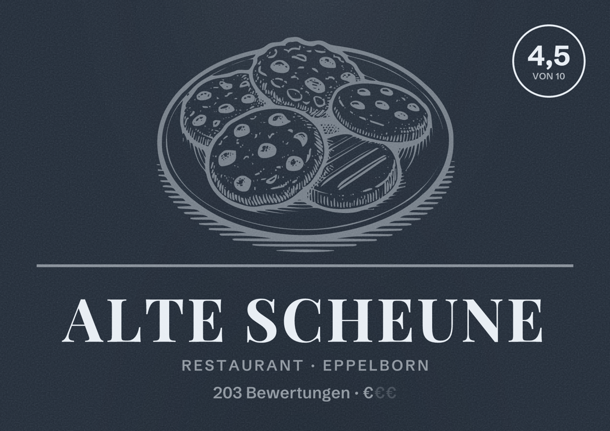 Illustriertes Poster von Alte Scheune, Restaurant in Eppelborn: Bewertung 4,5 von 10 aus 203 Bewertungen, Preisniveau €