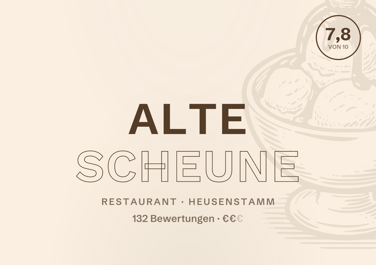 Illustriertes Poster von Alte Scheune, Restaurant in Heusenstamm: Bewertung 7,8 von 10 aus 132 Bewertungen, Preisniveau €€