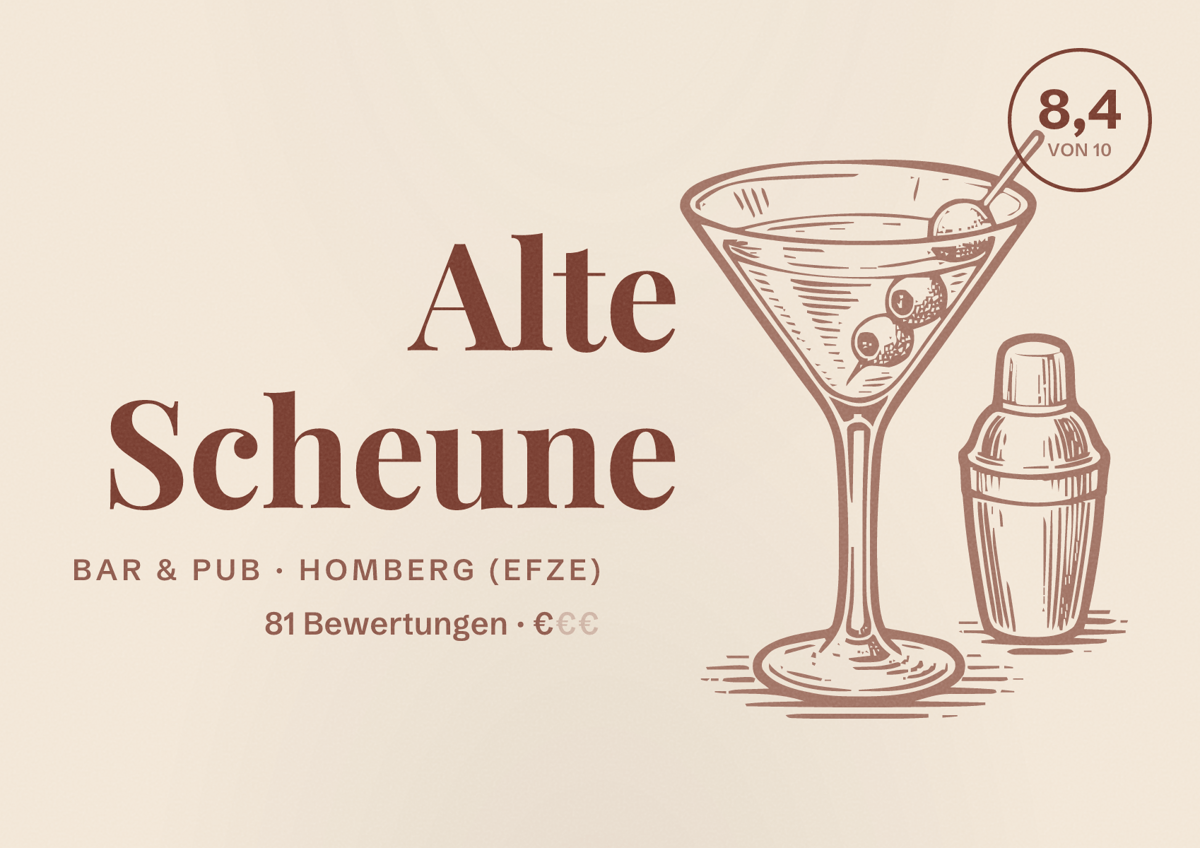 Illustriertes Poster von Alte Scheune, Bar & Pub in Homberg (Efze): Bewertung 8,4 von 10 aus 81 Bewertungen, Preisniveau €