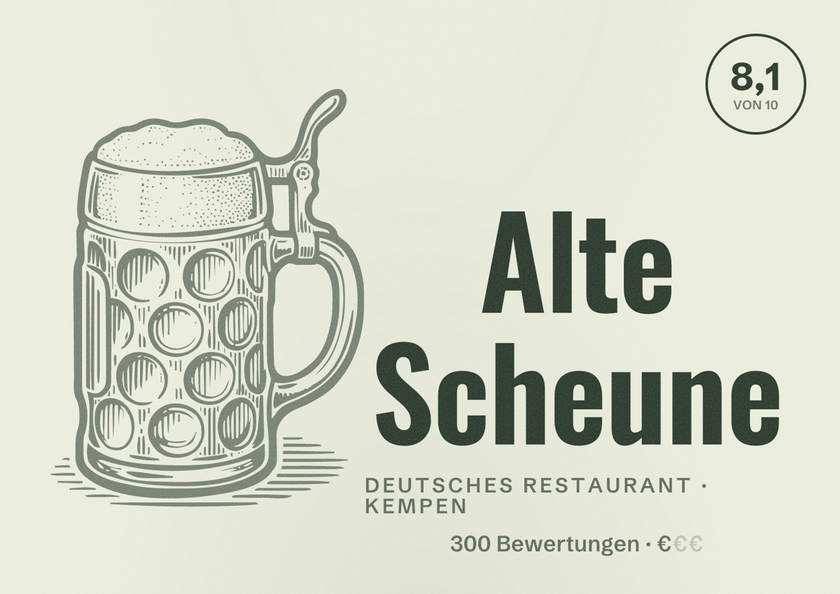 Illustriertes Poster von Alte Scheune, Deutsches Restaurant in Kempen: Bewertung 8,1 von 10 aus 300 Bewertungen, Preisniveau €