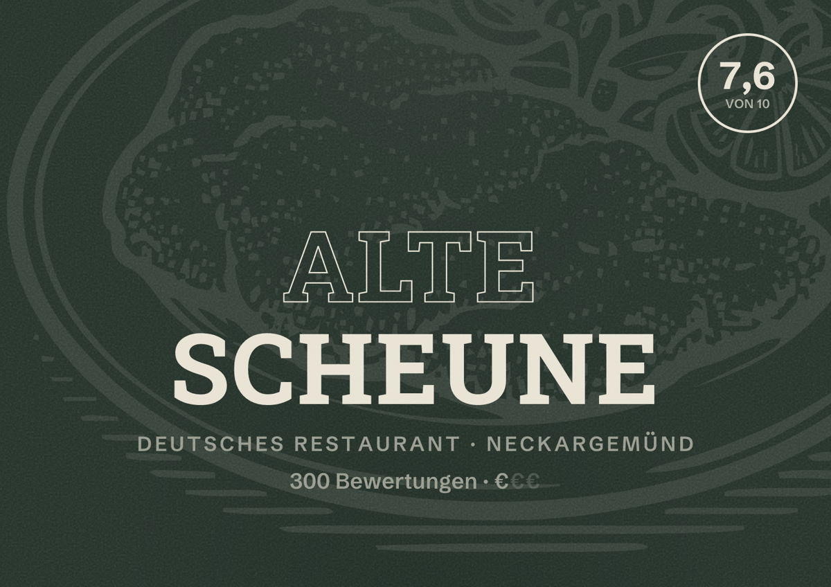 Illustriertes Poster von Alte Scheune, Deutsches Restaurant in Neckargemünd: Bewertung 7,6 von 10 aus 300 Bewertungen, Preisniveau €