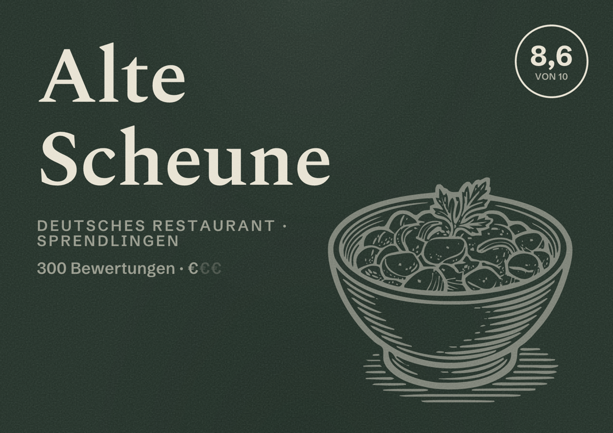Illustriertes Poster von Alte Scheune, Deutsches Restaurant in Sprendlingen: Bewertung 8,6 von 10 aus 300 Bewertungen, Preisniveau €