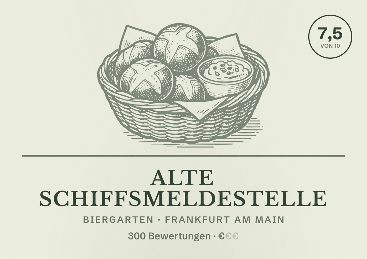 Illustriertes Poster von Alte Schiffsmeldestelle, Biergarten in Frankfurt am Main: Bewertung 7,5 von 10 aus 300 Bewertungen, Preisniveau €