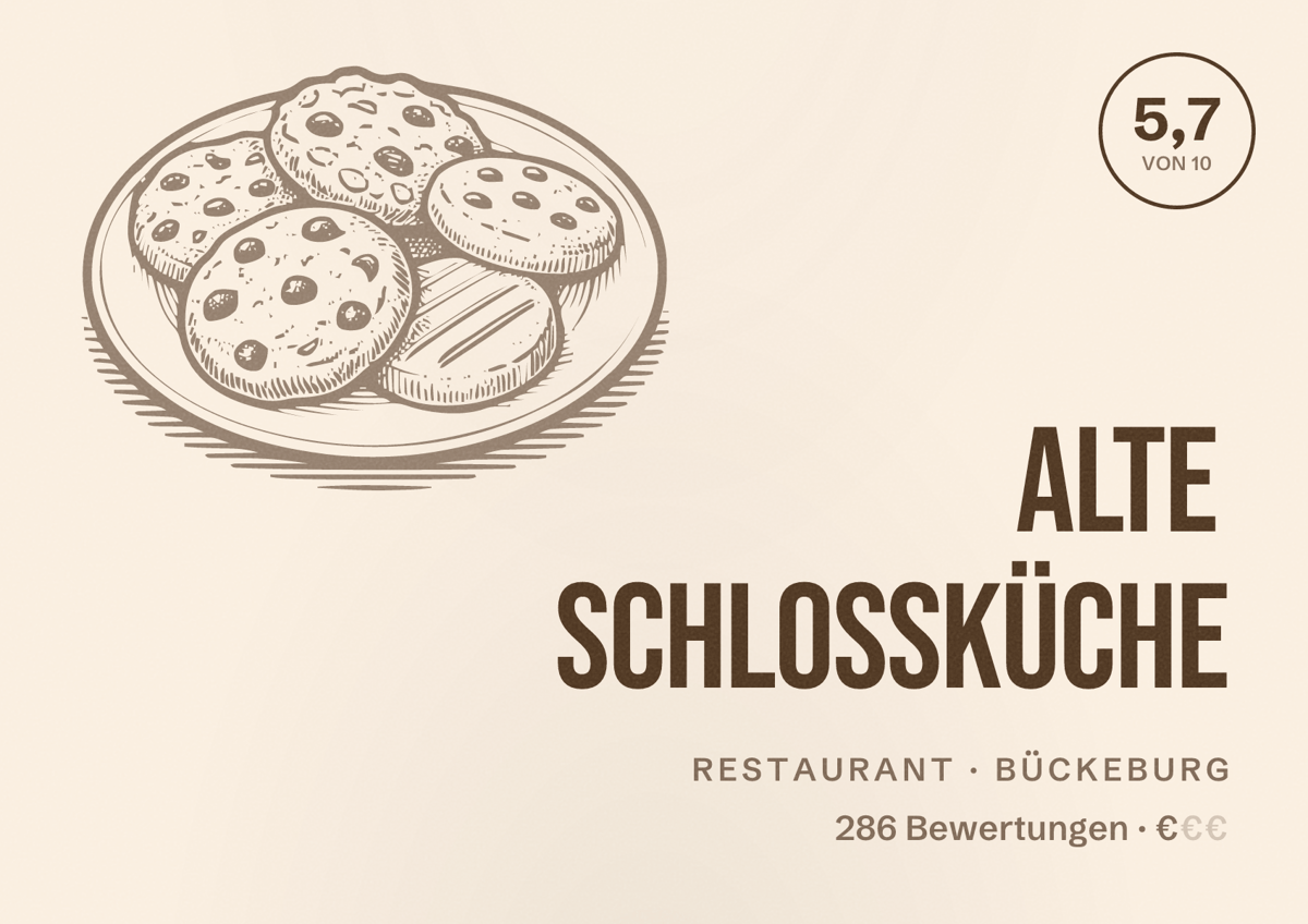 Illustriertes Poster von Alte Schlossküche, Restaurant in Bückeburg: Bewertung 5,7 von 10 aus 286 Bewertungen, Preisniveau €