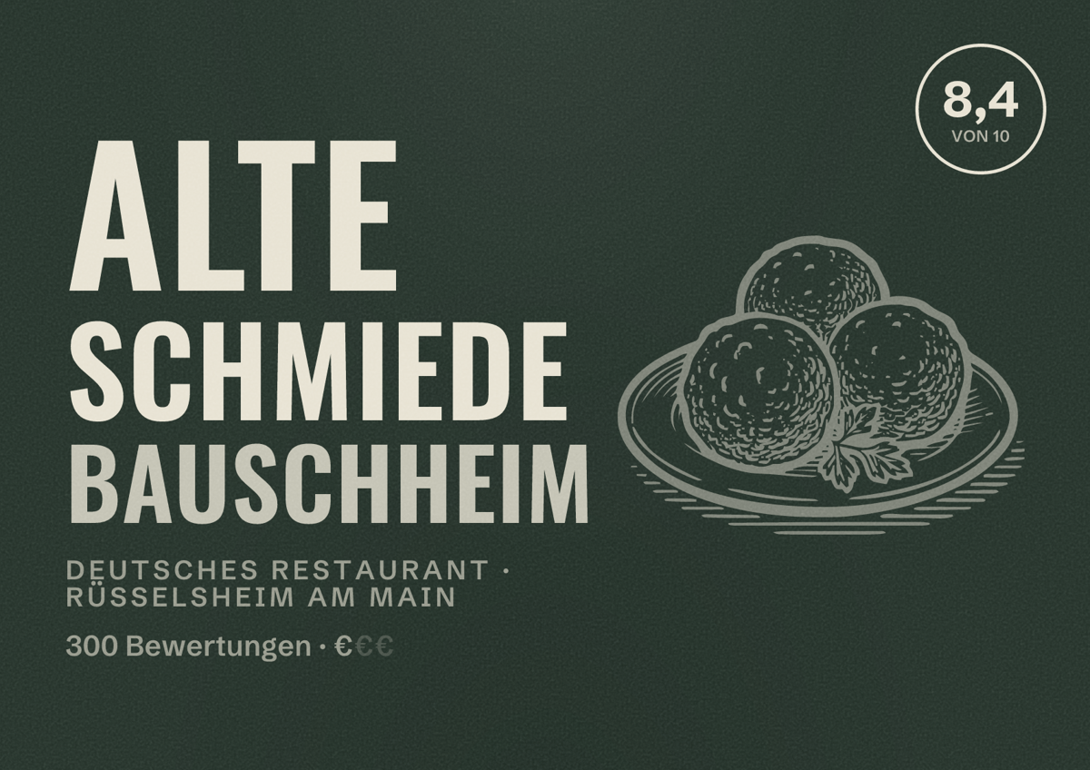 Illustriertes Poster von Alte Schmiede Bauschheim, Deutsches Restaurant in Rüsselsheim am Main: Bewertung 8,4 von 10 aus 300 Bewertungen, Preisniveau €