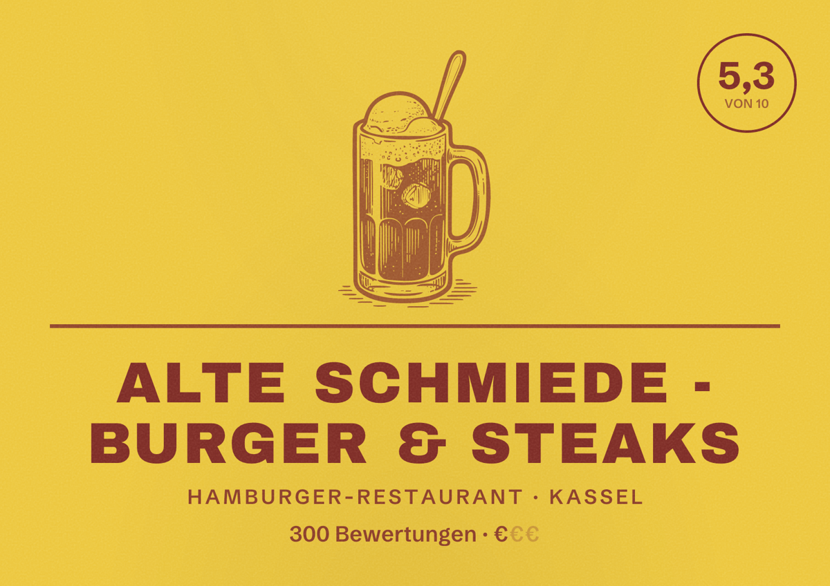 Illustriertes Poster von Alte Schmiede - Burger & Steaks, Hamburger-Restaurant in Kassel: Bewertung 5,3 von 10 aus 300 Bewertungen, Preisniveau €