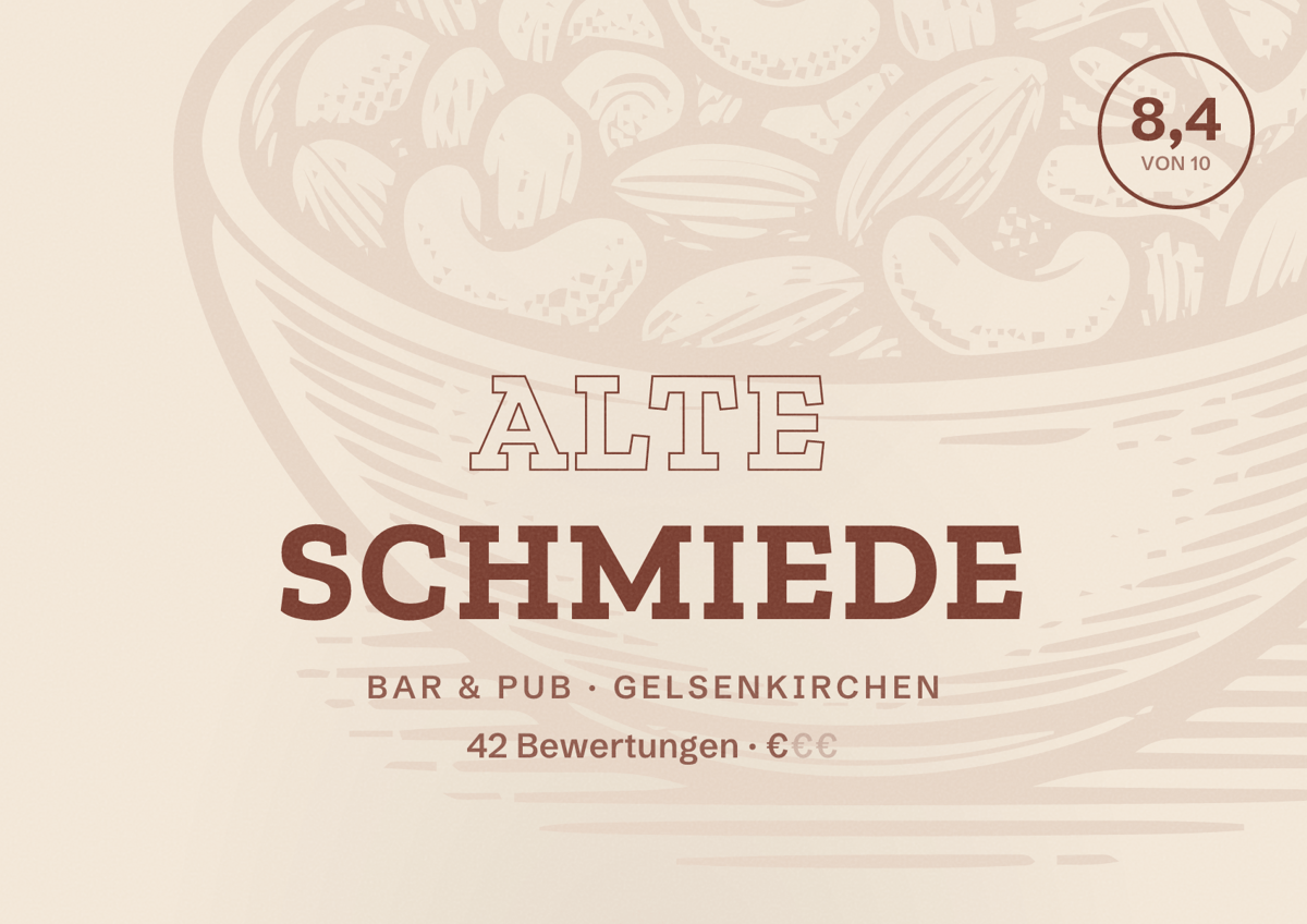Illustriertes Poster von Alte Schmiede, Bar & Pub in Gelsenkirchen: Bewertung 8,4 von 10 aus 42 Bewertungen, Preisniveau €