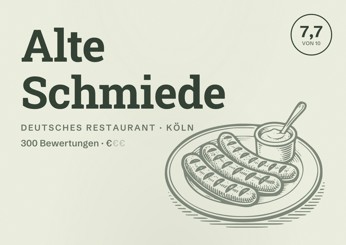 Illustriertes Poster von Alte Schmiede, Deutsches Restaurant in Köln: Bewertung 7,7 von 10 aus 300 Bewertungen, Preisniveau €