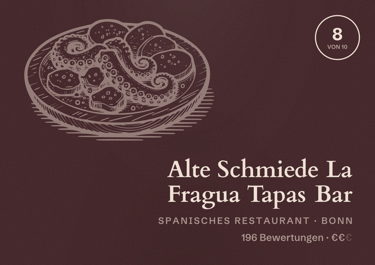 Illustriertes Poster von Alte Schmiede La Fragua Tapas Bar, Spanisches Restaurant in Bonn: Bewertung 8 von 10 aus 196 Bewertungen, Preisniveau €€