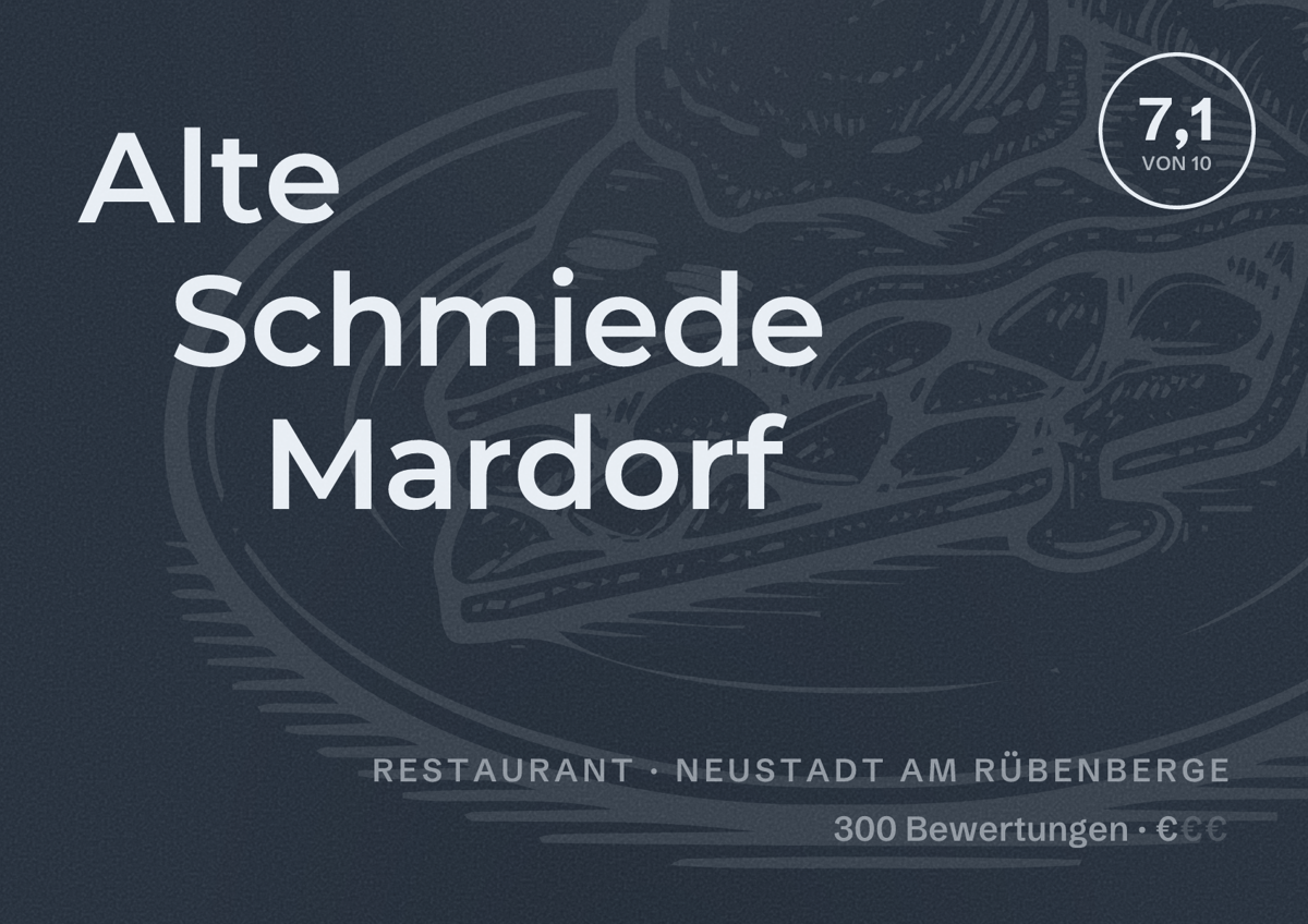 Illustriertes Poster von Alte Schmiede Mardorf, Restaurant in Neustadt am Rübenberge: Bewertung 7,1 von 10 aus 300 Bewertungen, Preisniveau €