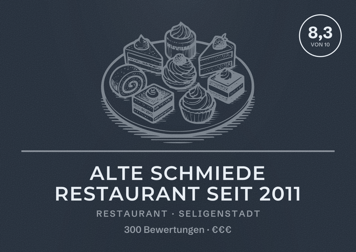 Illustriertes Poster von Alte Schmiede Restaurant Seit 2011, Restaurant in Seligenstadt: Bewertung 8,3 von 10 aus 300 Bewertungen, Preisniveau €€€