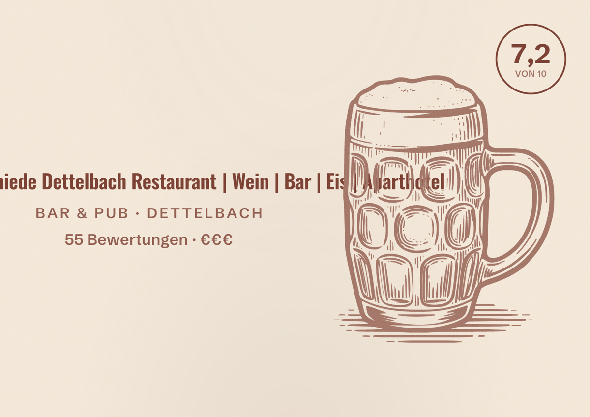 Illustriertes Poster von Alte Schmiede Dettelbach Restaurant | Wein | Bar | Eis | Aparthotel, Bar & Pub in Dettelbach: Bewertung 7,2 von 10 aus 55 Bewertungen, Preisniveau €€€