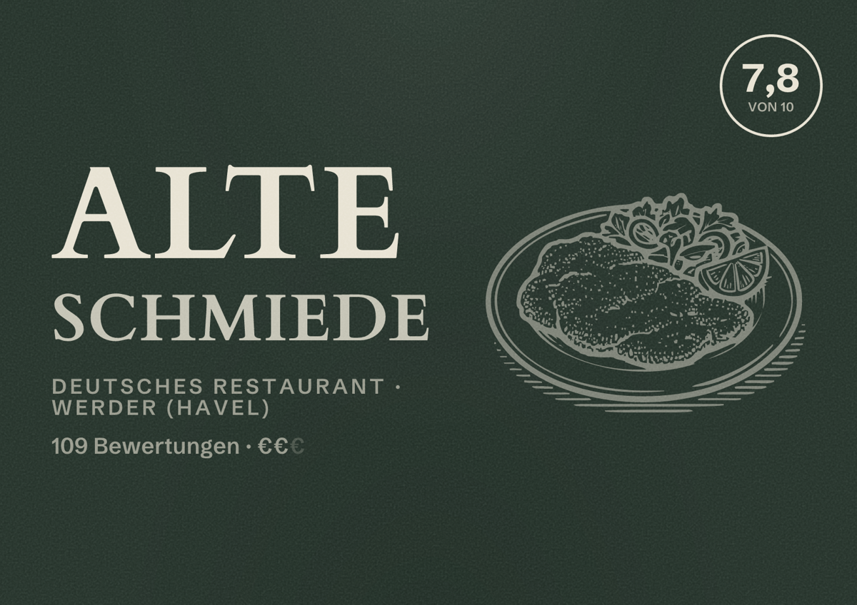 Illustriertes Poster von Alte Schmiede, Deutsches Restaurant in Werder (Havel): Bewertung 7,8 von 10 aus 109 Bewertungen, Preisniveau €€