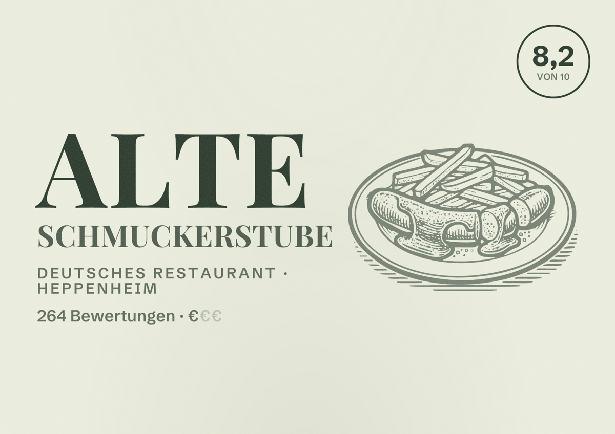 Illustriertes Poster von Alte Schmuckerstube, Deutsches Restaurant in Heppenheim: Bewertung 8,2 von 10 aus 264 Bewertungen, Preisniveau €