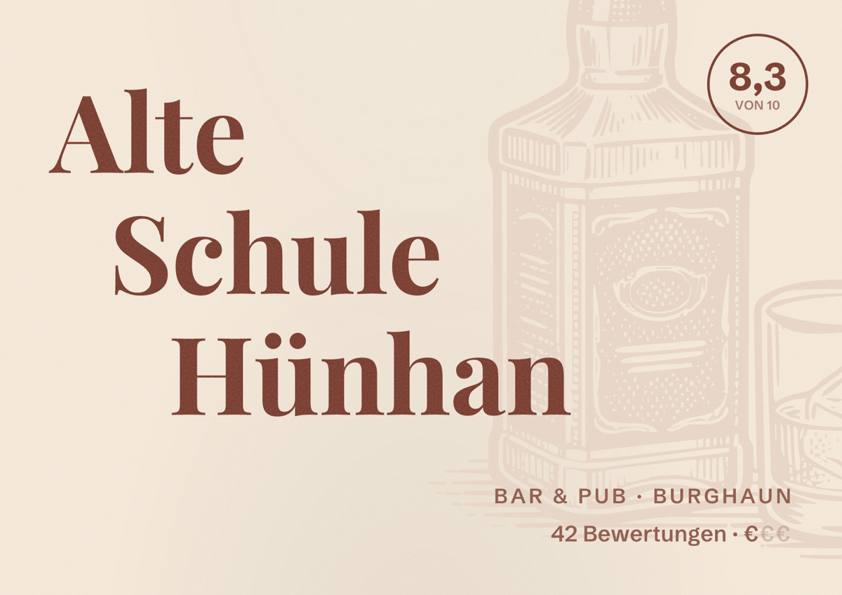 Illustriertes Poster von Alte Schule Hünhan, Bar & Pub in Burghaun: Bewertung 8,3 von 10 aus 42 Bewertungen, Preisniveau €