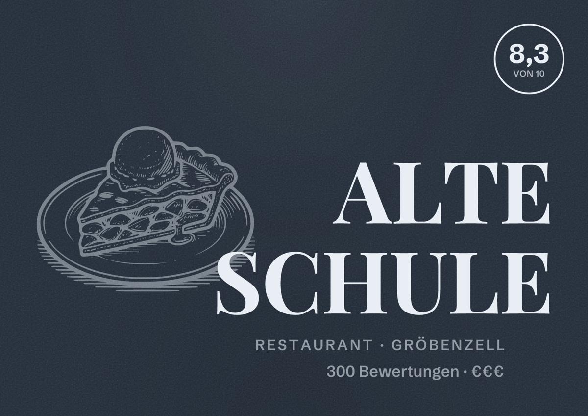 Illustriertes Poster von ALTE SCHULE, Restaurant in Gröbenzell: Bewertung 8,3 von 10 aus 300 Bewertungen, Preisniveau €€€