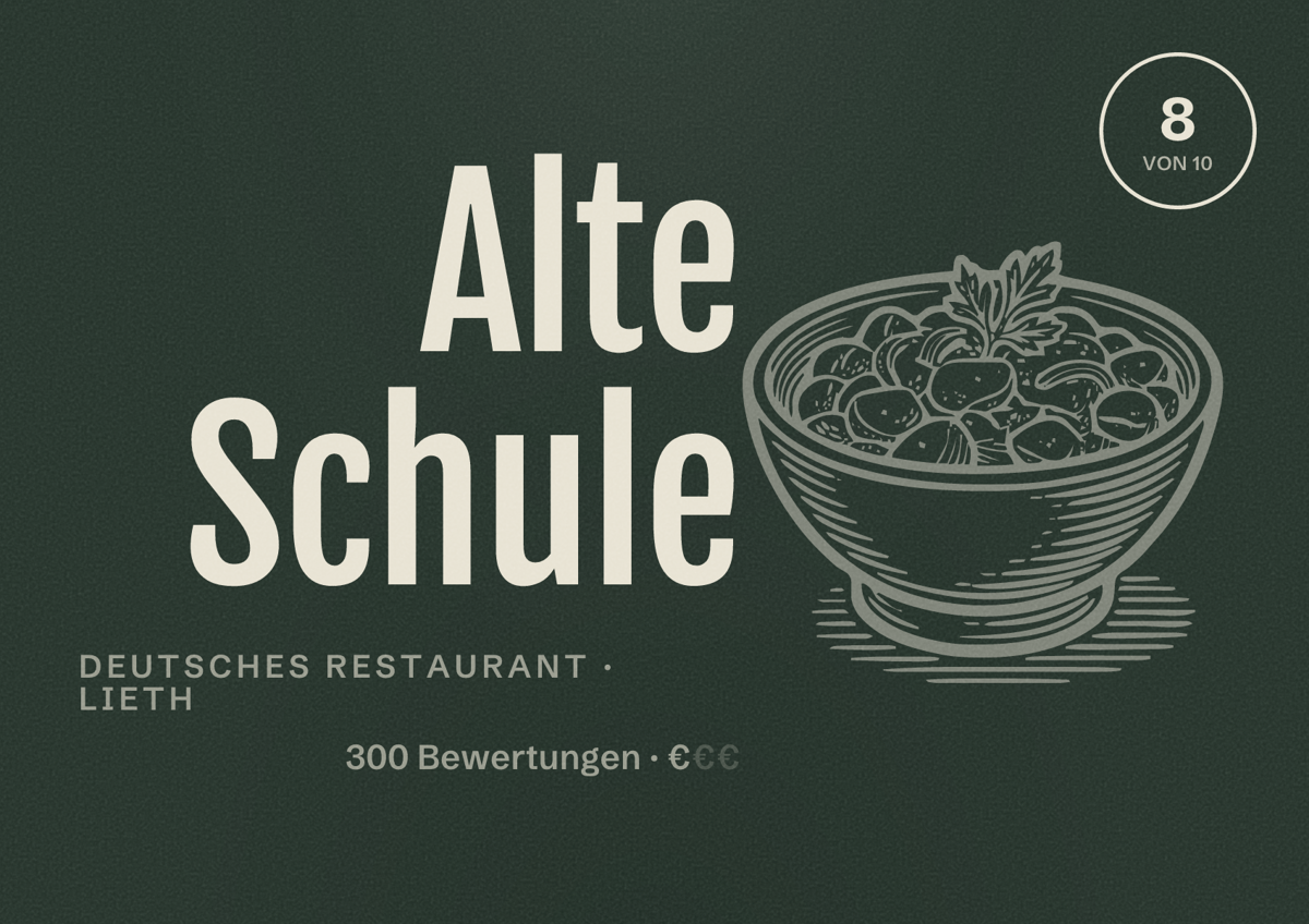 Illustriertes Poster von Alte Schule, Deutsches Restaurant in Lieth: Bewertung 8 von 10 aus 300 Bewertungen, Preisniveau €