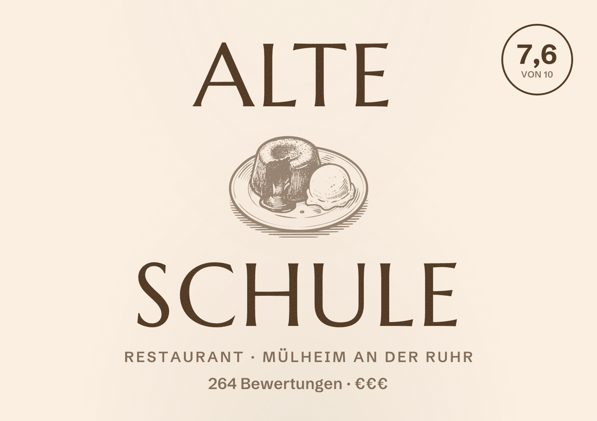 Illustriertes Poster von Alte Schule, Restaurant in Mülheim an der Ruhr: Bewertung 7,6 von 10 aus 264 Bewertungen, Preisniveau €€€
