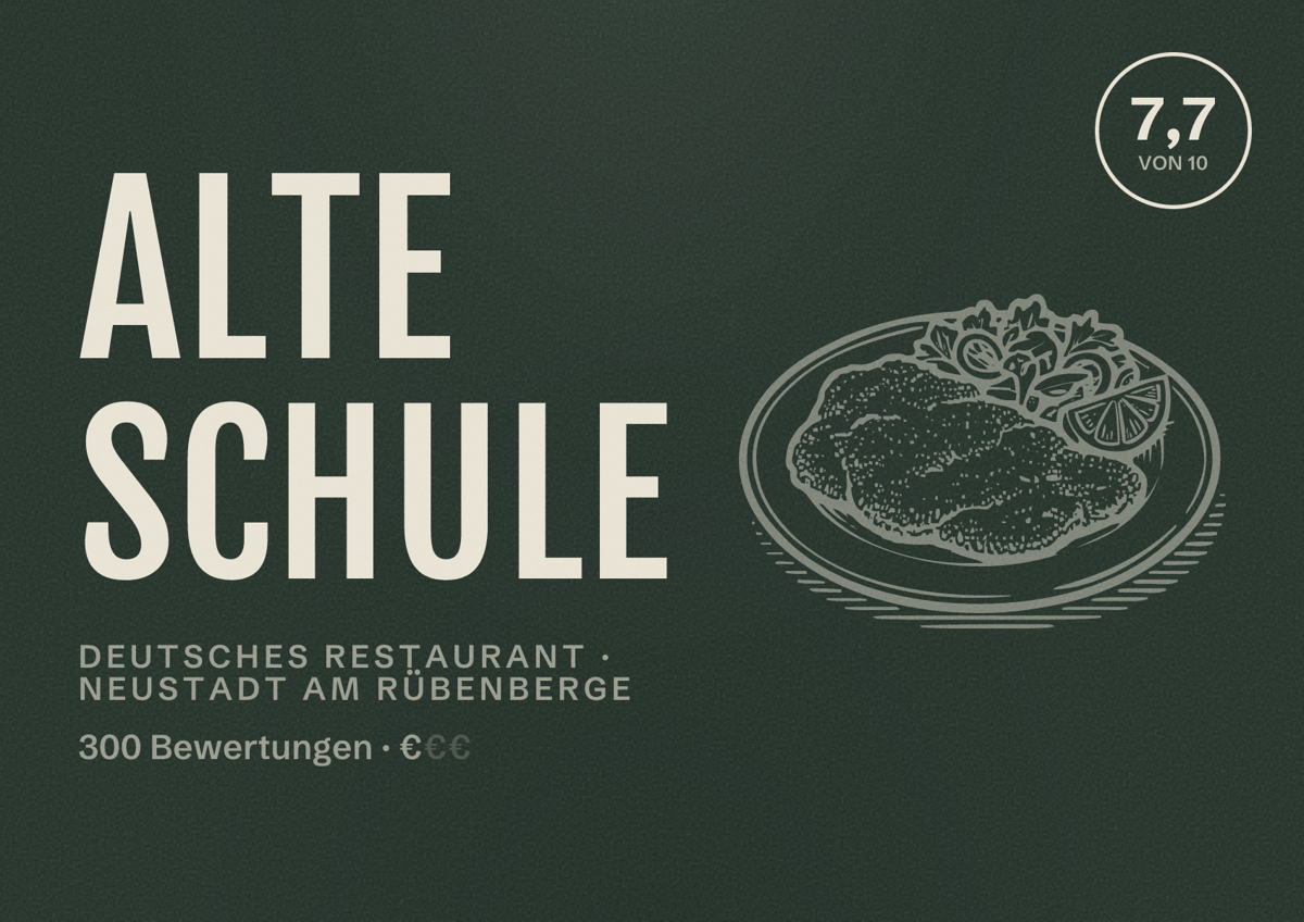 Illustriertes Poster von Alte Schule, Deutsches Restaurant in Neustadt am Rübenberge: Bewertung 7,7 von 10 aus 300 Bewertungen, Preisniveau €