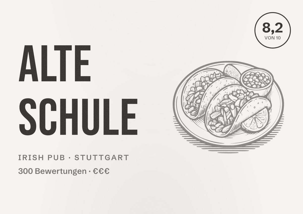 Illustriertes Poster von Alte Schule, Irish Pub in Stuttgart: Bewertung 8,2 von 10 aus 300 Bewertungen, Preisniveau €€€