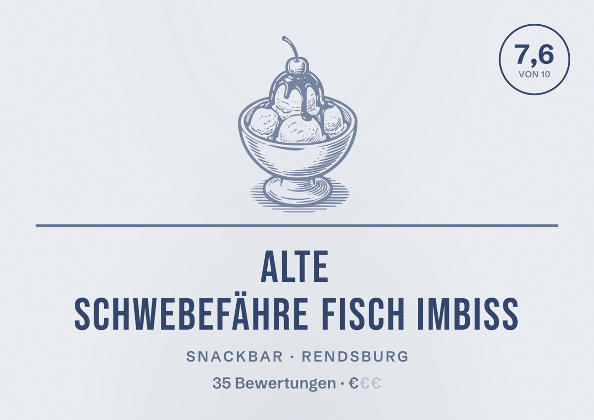 Illustriertes Poster von Alte Schwebefähre Fisch Imbiss, Snackbar in Rendsburg: Bewertung 7,6 von 10 aus 35 Bewertungen, Preisniveau €