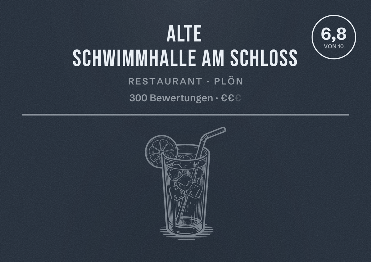 Illustriertes Poster von Alte Schwimmhalle am Schloss, Restaurant in Plön: Bewertung 6,8 von 10 aus 300 Bewertungen, Preisniveau €€