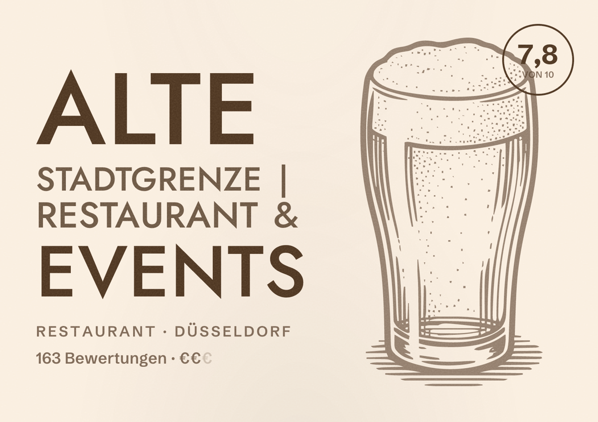 Illustriertes Poster von Alte Stadtgrenze | Restaurant & Events, Restaurant in Düsseldorf: Bewertung 7,8 von 10 aus 163 Bewertungen, Preisniveau €€