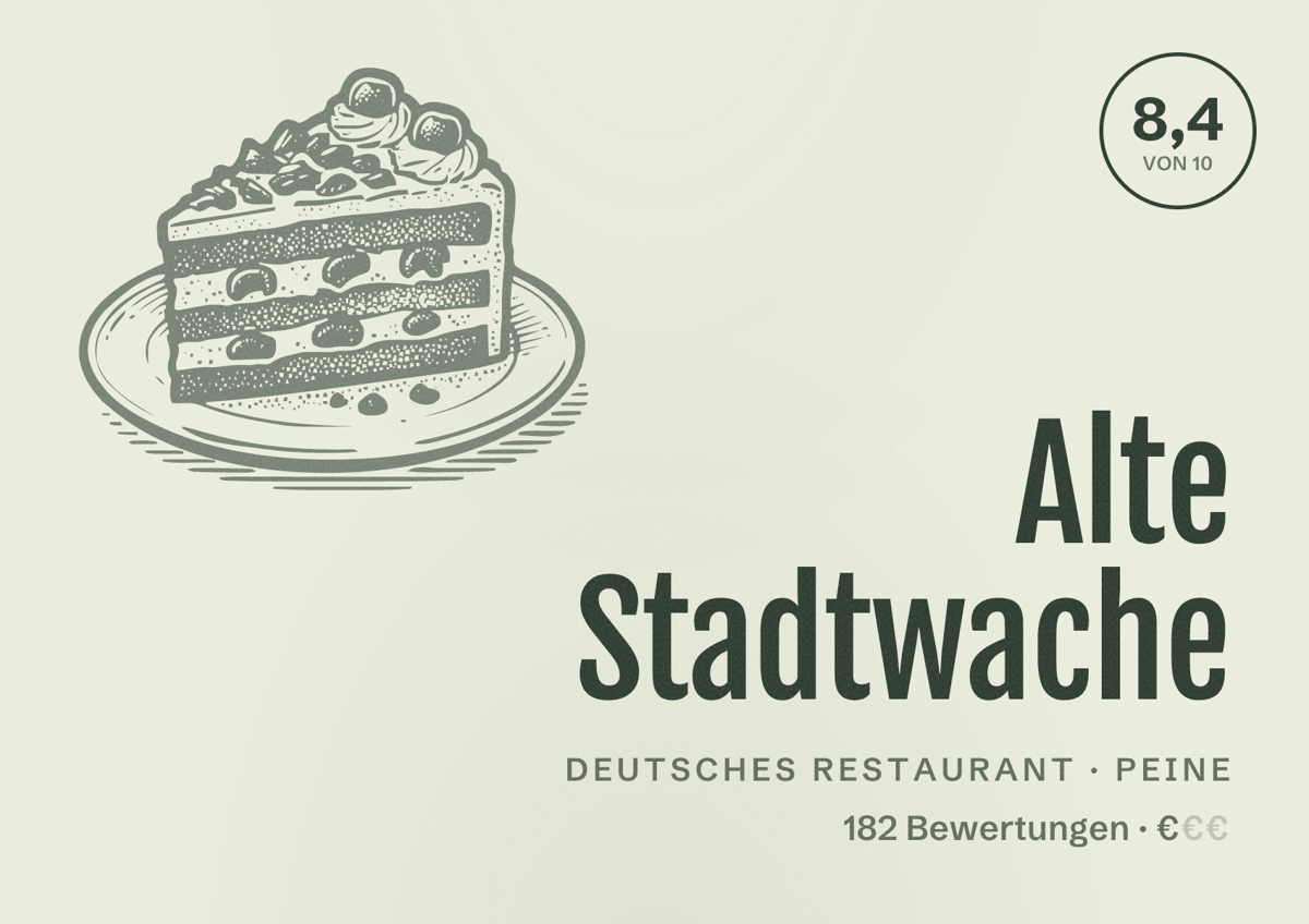 Illustriertes Poster von Alte Stadtwache, Deutsches Restaurant in Peine: Bewertung 8,4 von 10 aus 182 Bewertungen, Preisniveau €