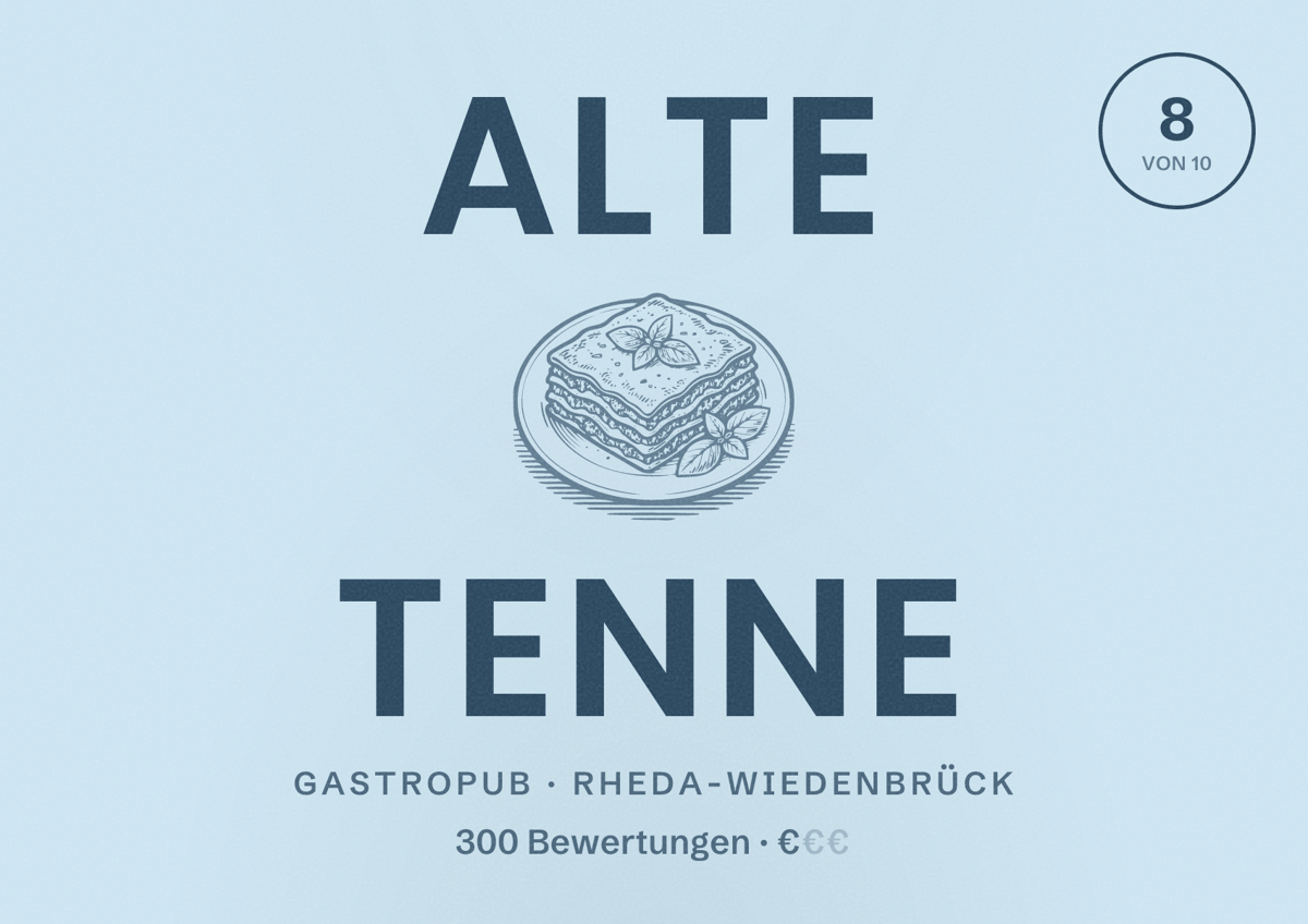 Illustriertes Poster von Alte Tenne, Gastropub in Rheda-Wiedenbrück: Bewertung 8 von 10 aus 300 Bewertungen, Preisniveau €