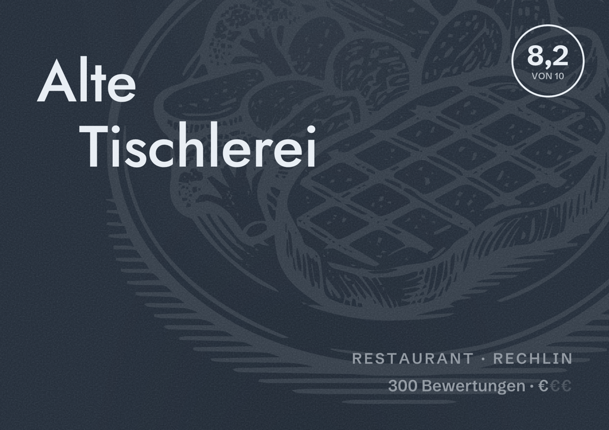 Illustriertes Poster von Alte Tischlerei, Restaurant in Rechlin: Bewertung 8,2 von 10 aus 300 Bewertungen, Preisniveau €