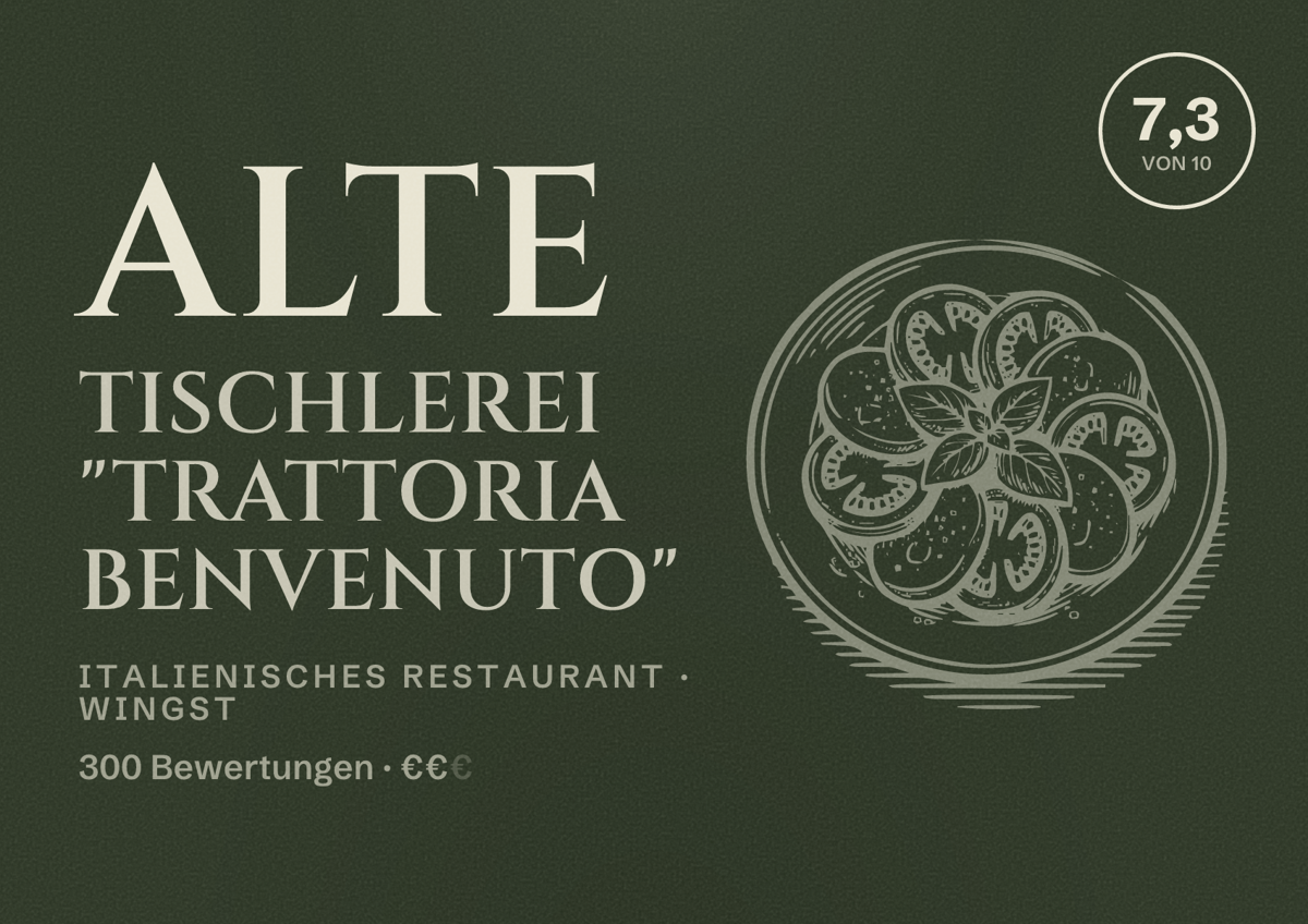 Illustriertes Poster von Alte Tischlerei "Trattoria Benvenuto", Italienisches Restaurant in Wingst: Bewertung 7,3 von 10 aus 300 Bewertungen, Preisniveau €€