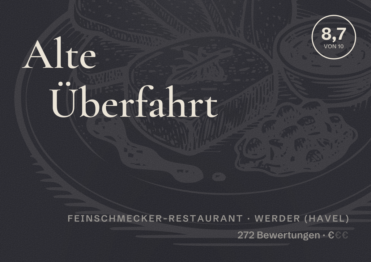 Illustriertes Poster von Alte Überfahrt, Feinschmecker-Restaurant in Werder (Havel): Bewertung 8,7 von 10 aus 272 Bewertungen, Preisniveau €
