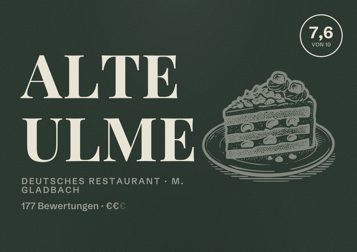 Illustriertes Poster von Alte Ulme, Deutsches Restaurant in M. Gladbach: Bewertung 7,6 von 10 aus 177 Bewertungen, Preisniveau €€