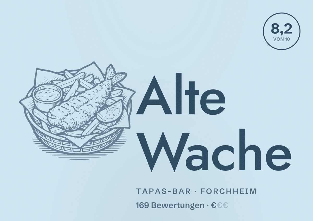 Illustriertes Poster von Alte Wache, Tapas-Bar in Forchheim: Bewertung 8,2 von 10 aus 169 Bewertungen, Preisniveau €