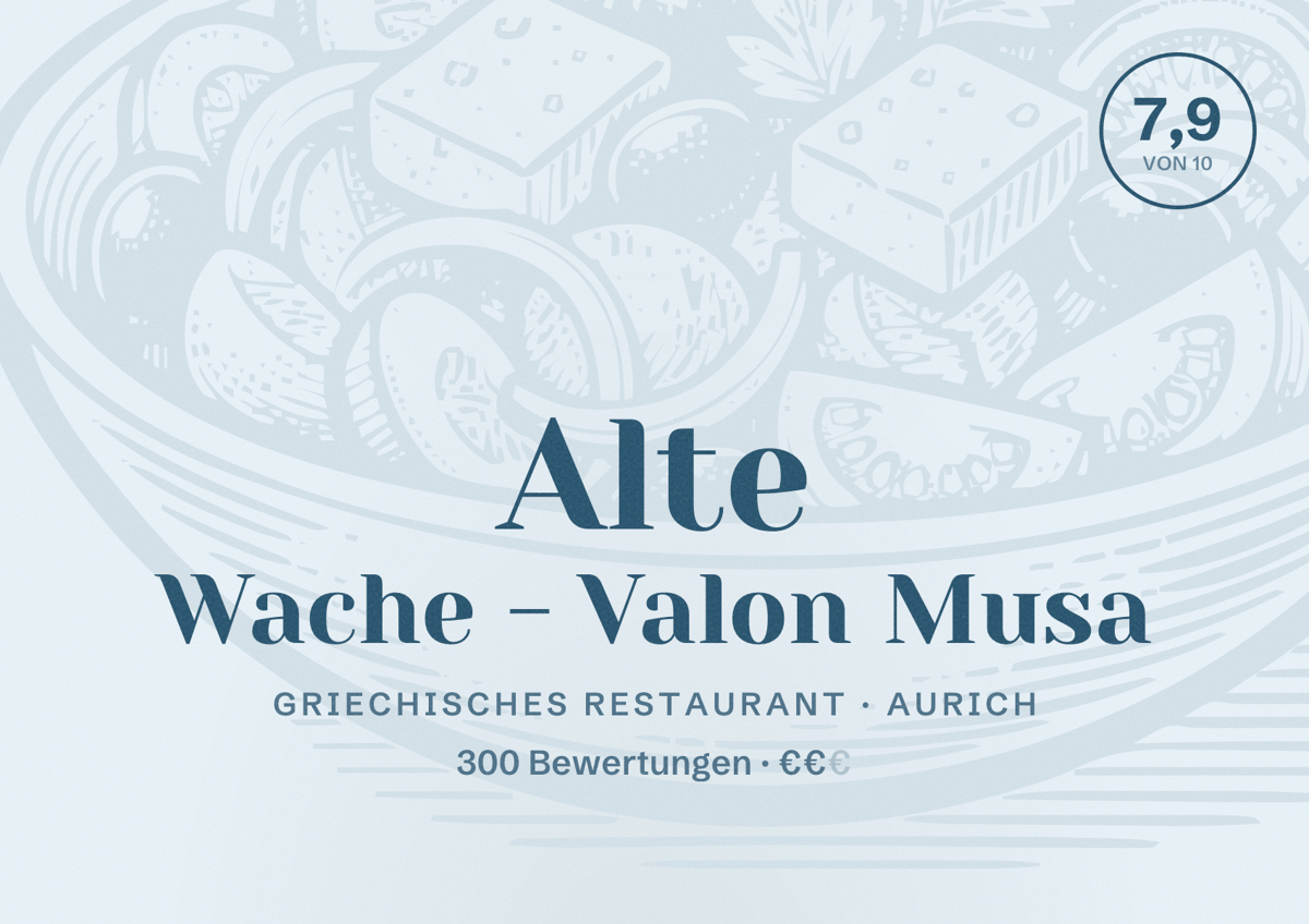 Illustriertes Poster von Alte Wache - Valon Musa, Griechisches Restaurant in Aurich: Bewertung 7,9 von 10 aus 300 Bewertungen, Preisniveau €€