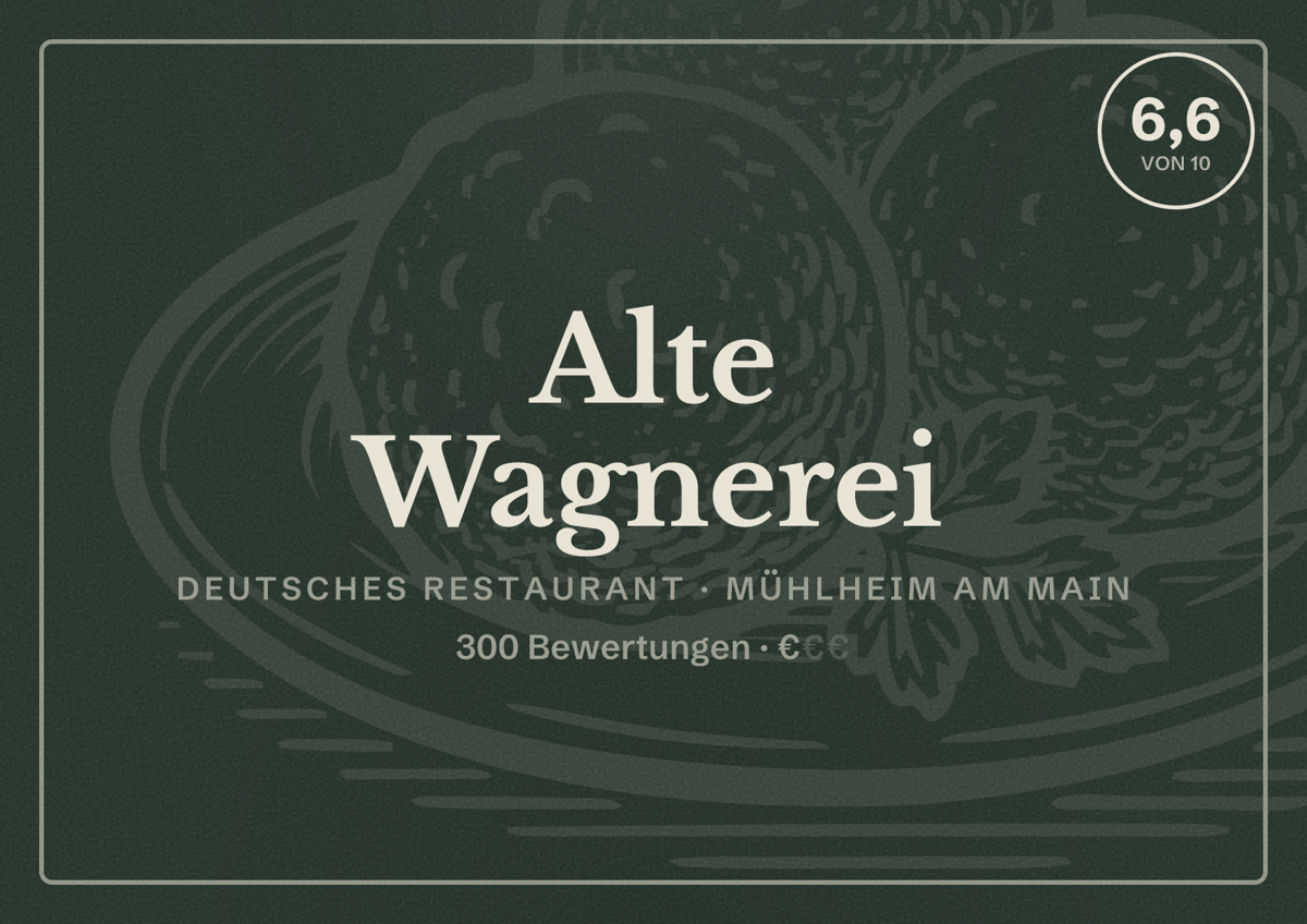 Illustriertes Poster von Alte Wagnerei, Deutsches Restaurant in Mühlheim am Main: Bewertung 6,6 von 10 aus 300 Bewertungen, Preisniveau €
