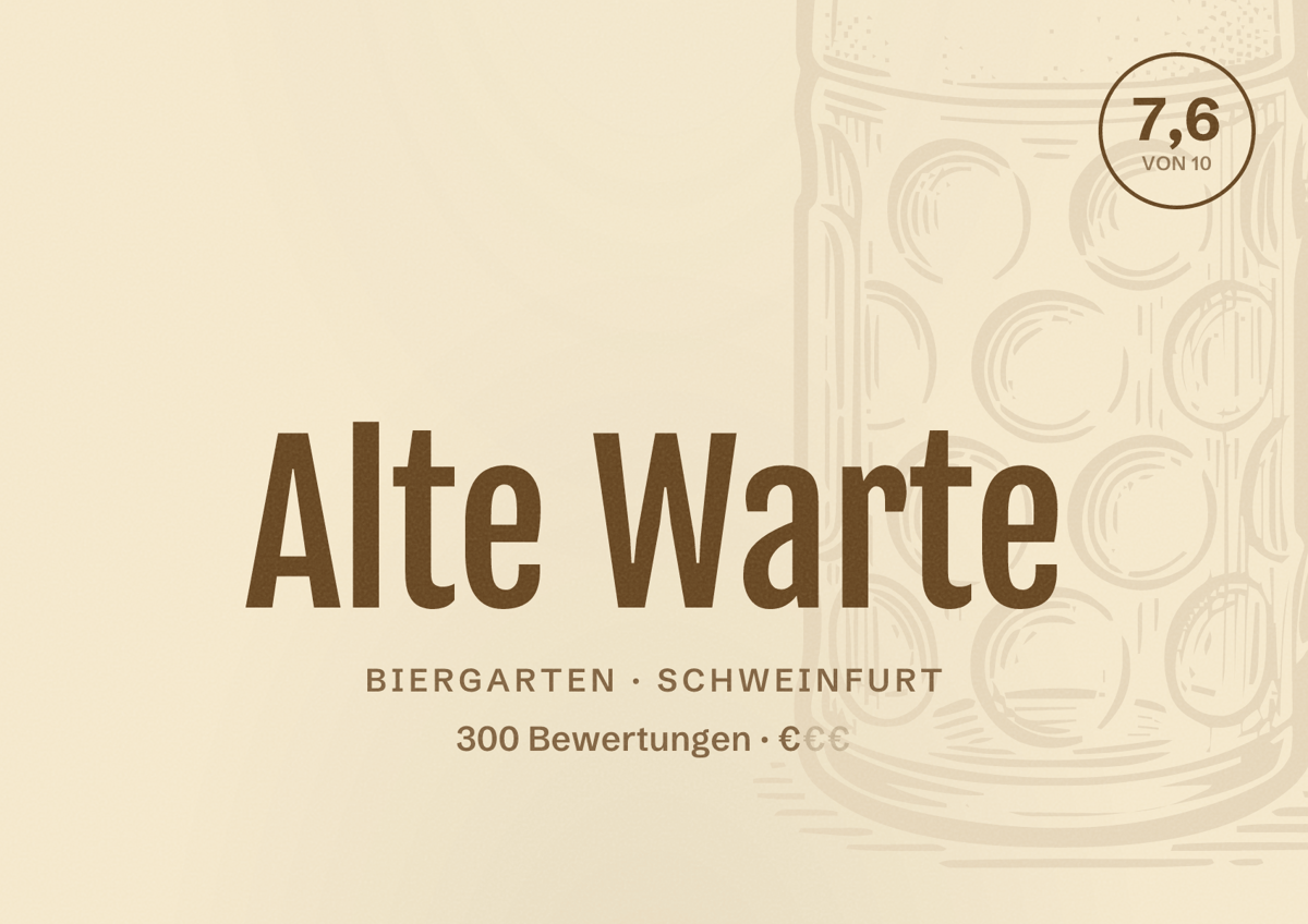 Illustriertes Poster von Alte Warte, Biergarten in Schweinfurt: Bewertung 7,6 von 10 aus 300 Bewertungen, Preisniveau €
